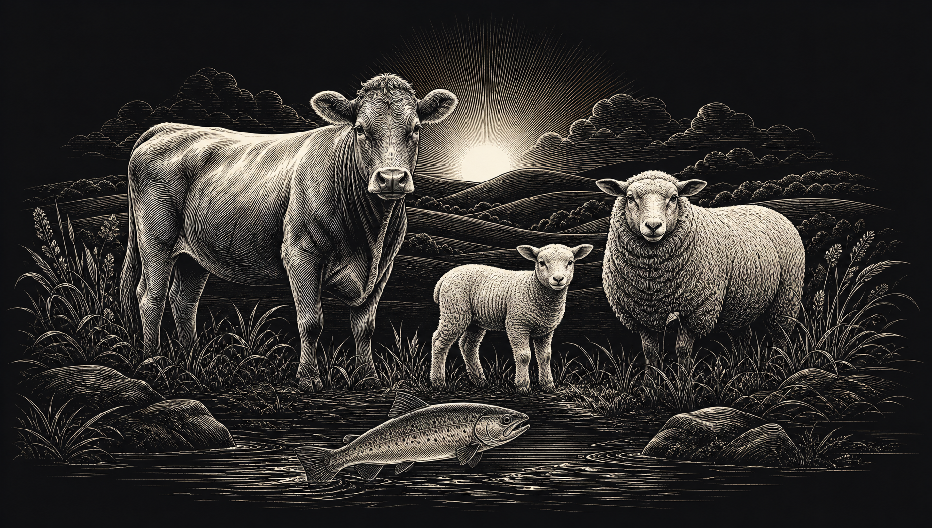 Illustrated farm animals including a cow, sheep, lamb and fish in a pastoral scene