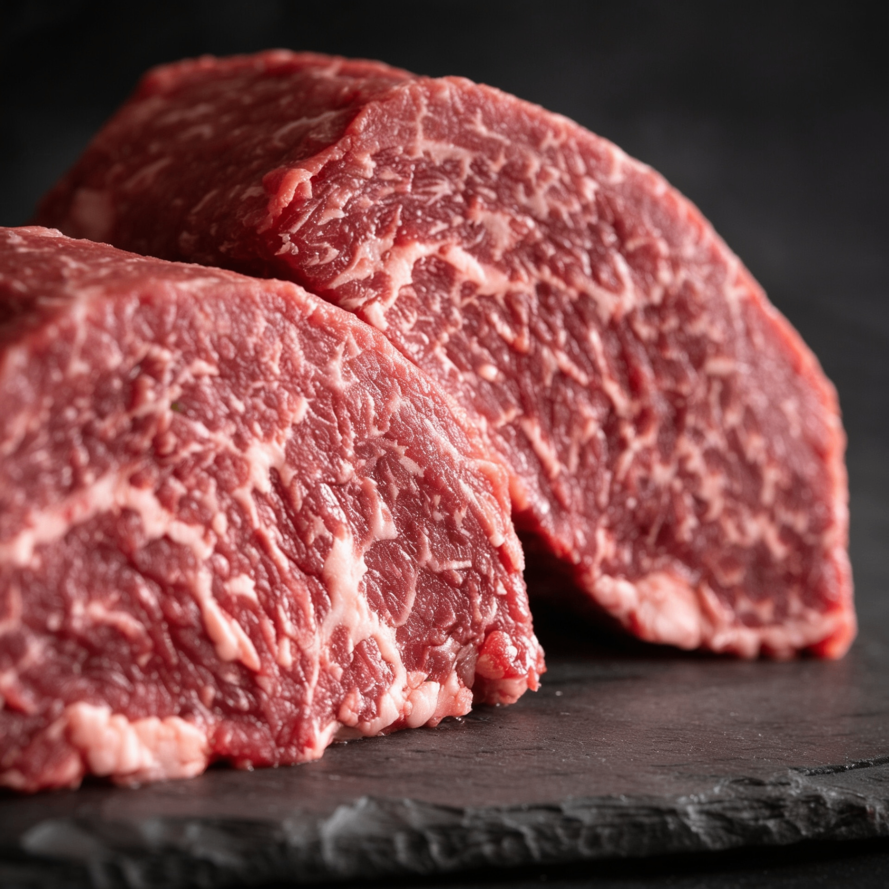 Close-up of raw Black Angus ribeye cap (spinalis) showing heavy marbling