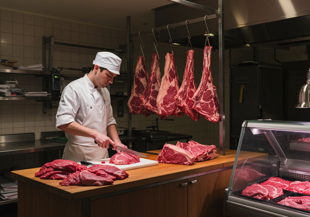 Adams Farm Foods butcher team preparing halal meat