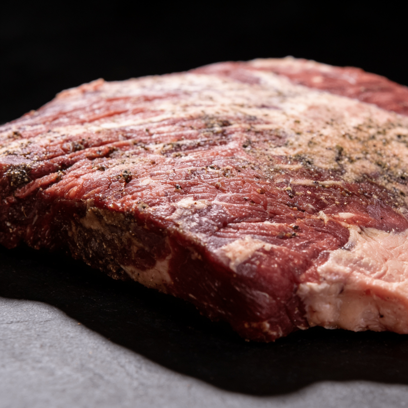 Close-up of halal beef marbling from UK supplier