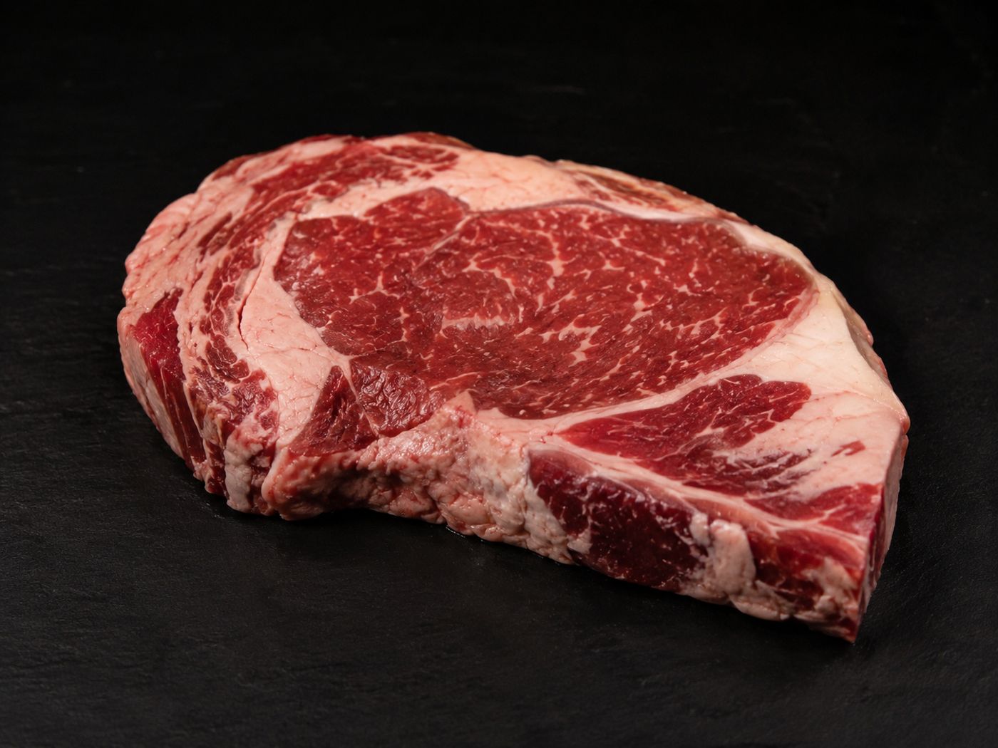Close-up of halal ribeye marbling from UK supplier